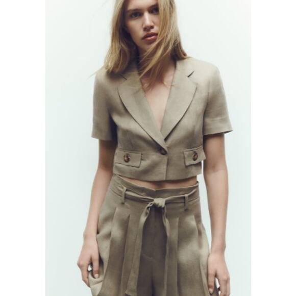 Zara Neutral Khaki Beige Short Sleeve Cropped Linen Blazer Jacket Size Medium - Picture 1 of 10